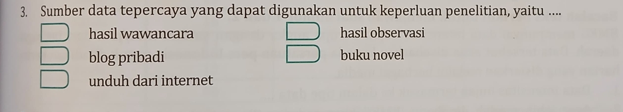 Sumber data tepercaya yang dapat digunakan untuk keperluan penelitian, yaitu ....
hasil wawancara hasil observasi
blog pribadi buku novel
unduh dari internet