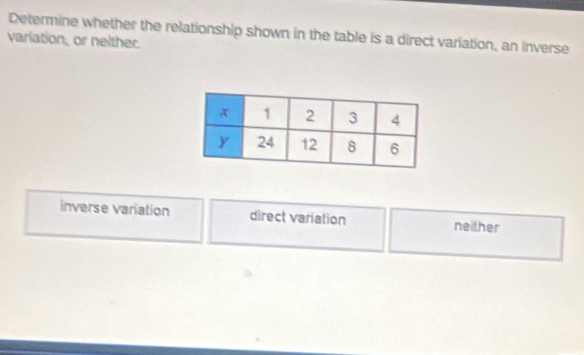 Determine whether the relationship shown in the table is a direct variation, an inverse
variation, or neither.
inverse variation direct variation neither