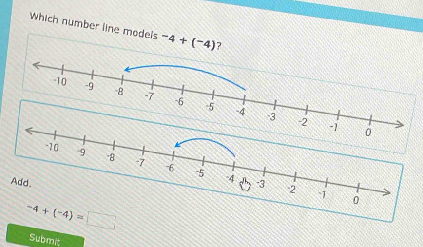 Which number line models -4+(^-4) ?
Submit