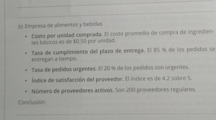 Empresa de alimentos y bebidas 
Costo por unidad comprada. El costo promedio de compra de ingredien- 
tes básicos es de $0.50 por unidad. 
Tasa de cumplimiento del plazo de entrega. El 85 % de los pedidos se 
entregan a tiempo. 
Tasa de pedidos urgentes. El 20 % de los pedidos son urgentes. 
Índice de satisfacción del proveedor. El índice es de 4.2 sobre 5. 
Número de proveedores activos. Son 200 proveedores regulares. 
Conclusión: 
_