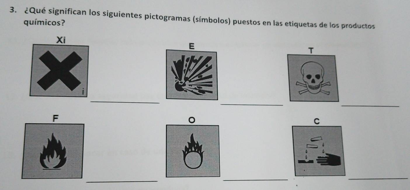 ¿Qué significan los siguientes pictogramas (símbolos) puestos en las etiquetas de los productos 
químicos? 
E 
T 
_ 
_ 
_ 
C 
_ 
_ 
_