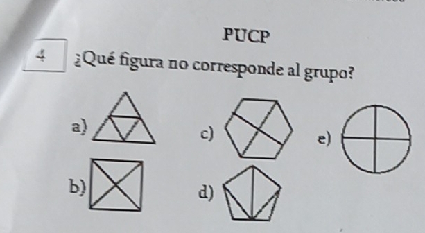 PUCP
4 ¿Qué figura no corresponde al grupo?
a)
c)
e)
b)
d)