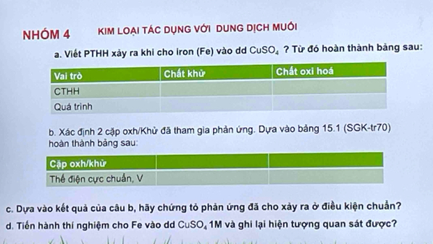 NHÓM 4 Kim LOại táC DụnG với DUng DịCh MUới 
a. Viết PTHH xảy ra khi cho Iron (Fe) vào dd CuSO_4 ? Từ đó hoàn thành bảng sau: 
b. Xác định 2 cặp oxh/Khử đã tham gia phản ứng. Dựa vào bảng 15.1 (SGK-tr70) 
hoàn thành bảng sau: 
c. Dựa vào kết quả của câu b, hãy chứng tỏ phản ứng đã cho xảy ra ở điều kiện chuẩn? 
d. Tiến hành thí nghiệm cho Fe vào dd CuSO, 1M và ghi lại hiện tượng quan sát được?