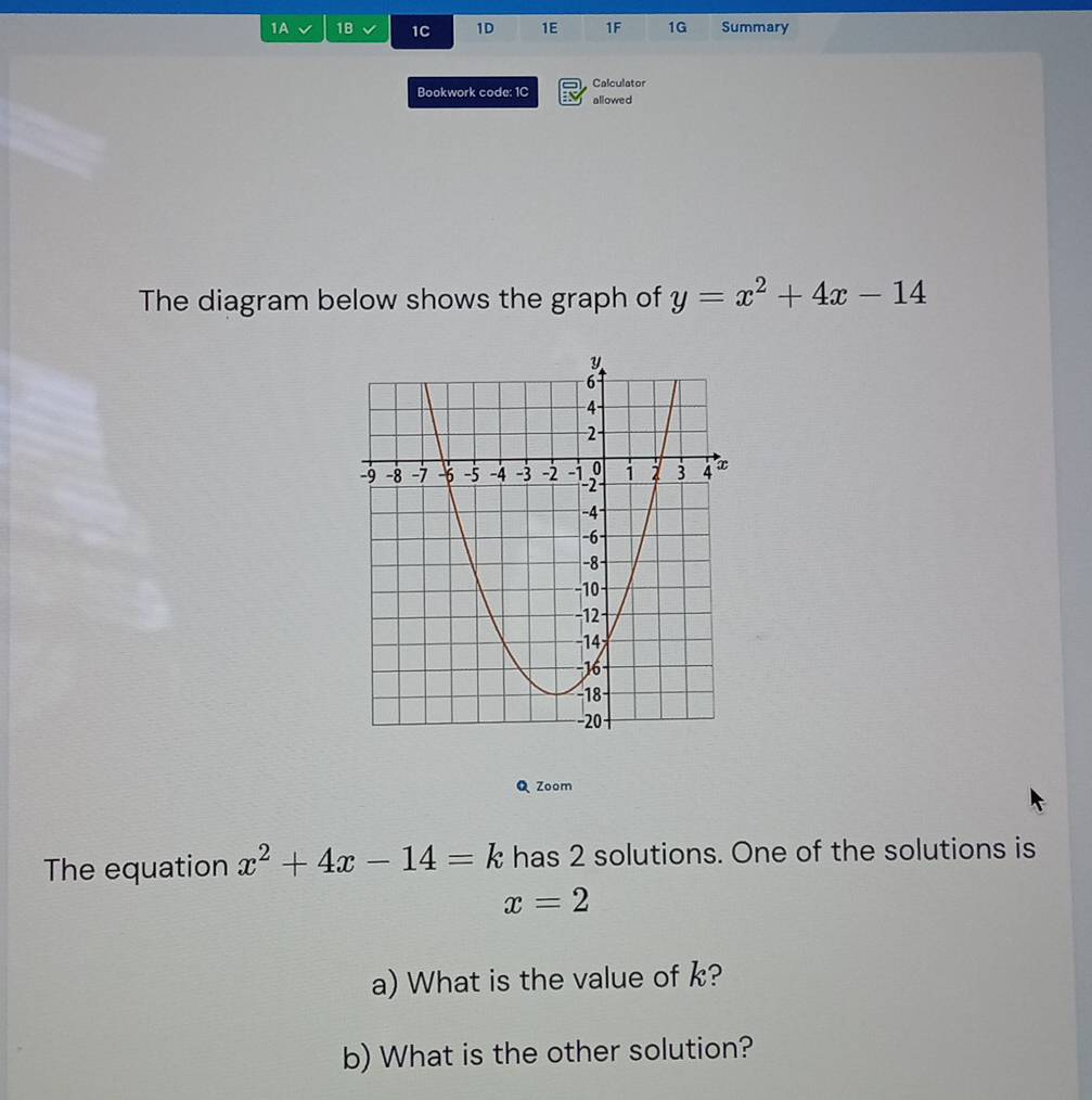 1A 1B 1C 1D 1E 1F 1G Summary
Calculator
Bookwork code: 1C allowed
The diagram below shows the graph of y=x^2+4x-14
Q Zoom
The equation x^2+4x-14=k has 2 solutions. One of the solutions is
x=2
a) What is the value of k?
b) What is the other solution?