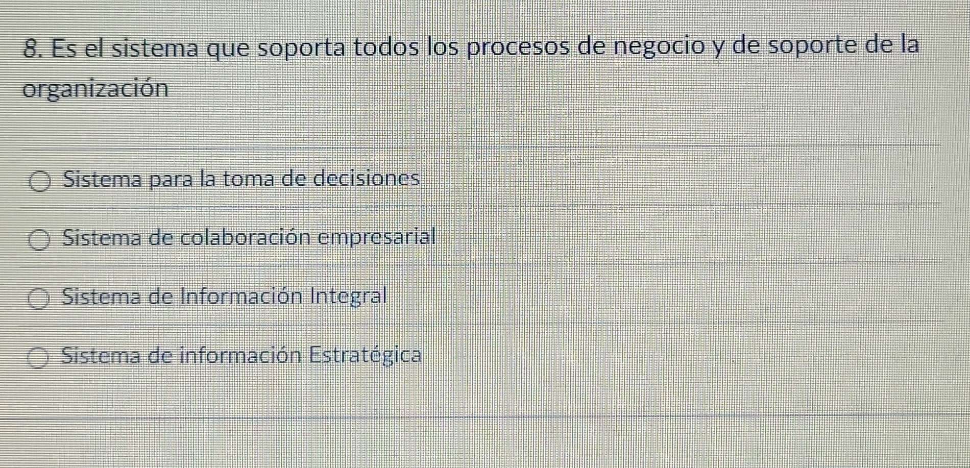 Es el sistema que soporta todos los procesos de negocio y de soporte de la
organización
Sistema para la toma de decisiones
Sistema de colaboración empresarial
Sistema de Información Integral
Sistema de información Estratégica