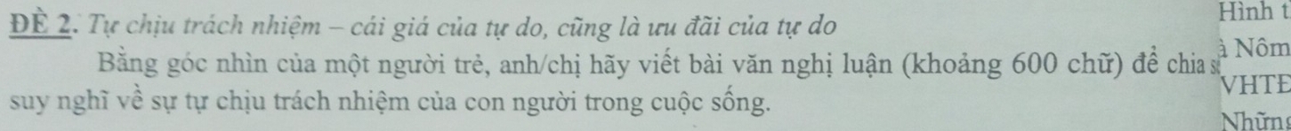 ĐÊ 2. Tự chịu trách nhiệm - cái giá của tự do, cũng là ưu đãi của tự do 
Hình t 
à Nôm 
Bằng góc nhìn của một người trẻ, anh/chị hãy viết bài văn nghị luận (khoảng 600 chữ) để chia ở 
VHTE 
suy nghĩ về sự tự chịu trách nhiệm của con người trong cuộc sống. 
Nhữn