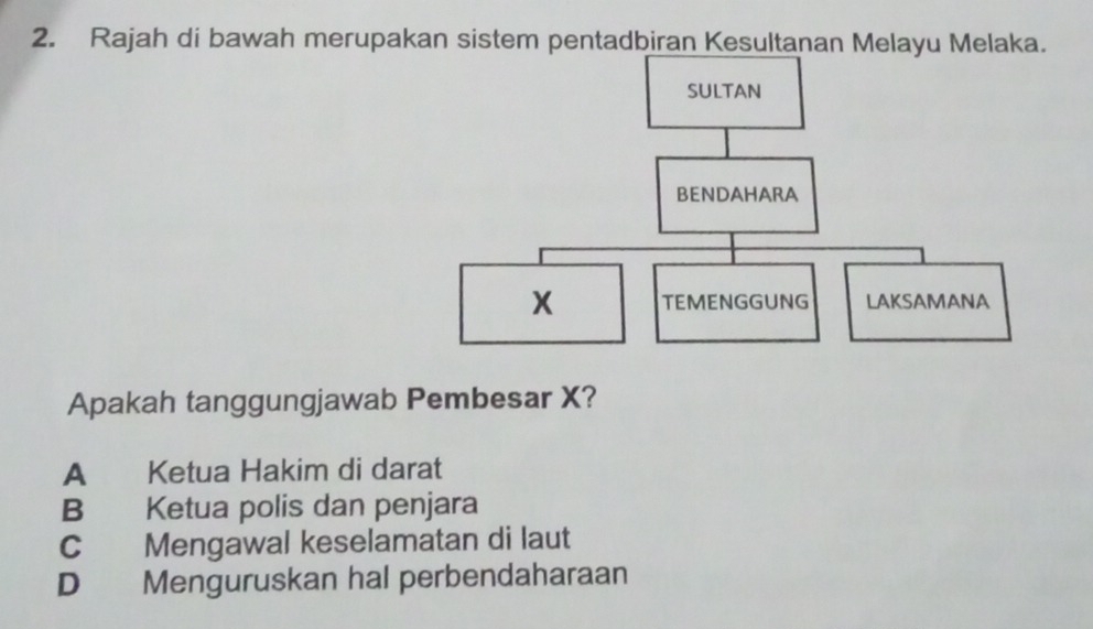 Rajah di bawah merupakan sistem pentadbiran Kesultanan Melayu Melaka.
Apakah tanggungjawab Pembesar X?
A Ketua Hakim di darat
B Ketua polis dan penjara
C Mengawal keselamatan di laut
D Menguruskan hal perbendaharaan