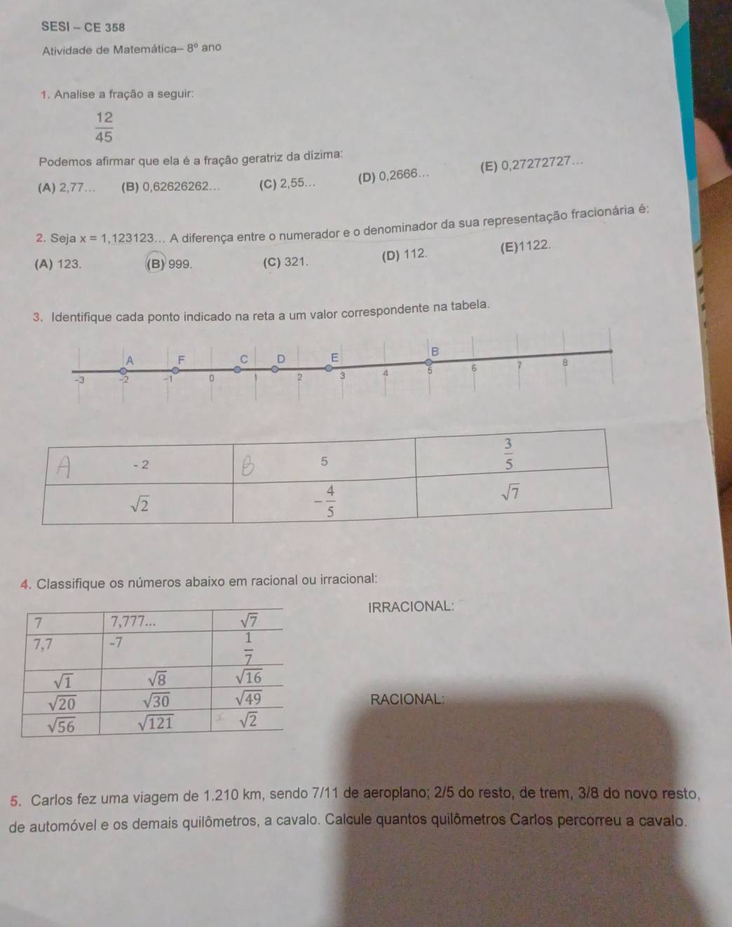 SESI - CE 358
Atividade de Matemática -8° ano
1. Analise a fração a seguir:
 12/45 
Podemos afirmar que ela é a fração geratriz da dízima:
(A) 2,77…. (B) 0,62626262... (C) 2,55... (D) 0,2666… (E) 0,27272727...
2. Seja x=1,123123 A diferença entre o numerador e o denominador da sua representação fracionária é:
(A) 123. (B) 999. (C) 321. (D) 112. (E)1122.
3. Identifique cada ponto indicado na reta a um valor correspondente na tabela.
4. Classifique os números abaixo em racional ou irracional:
IRRACIONAL:
RACIONAL:
5. Carlos fez uma viagem de 1.210 km, sendo 7/11 de aeroplano; 2/5 do resto, de trem, 3/8 do novo resto,
de automóvel e os demais quilômetros, a cavalo. Calcule quantos quilômetros Carlos percorreu a cavalo.