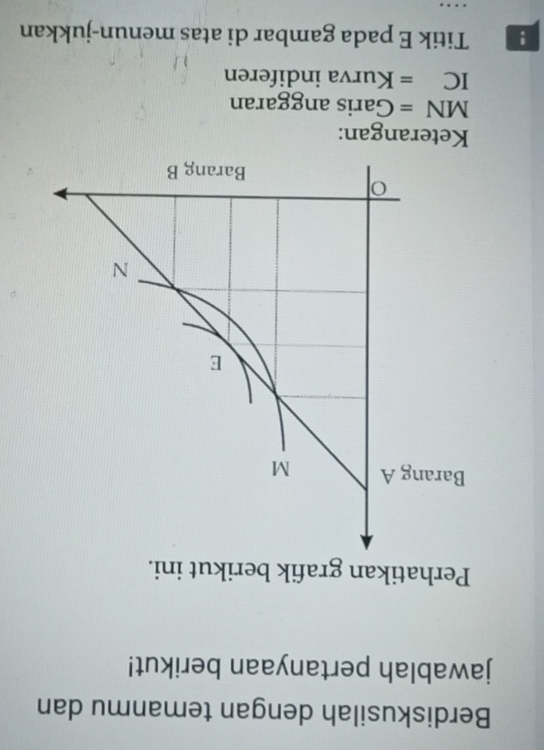 Berdiskusilah dengan temanmu dan 
jawablah pertanyaan berikut! 
Perhatikan grafik berikut ini. 
Keterangan:
MN= Garis anggaran
IC=Kurva indiferen 
! Titik E pada gambar di atas menun-jukkan 
_