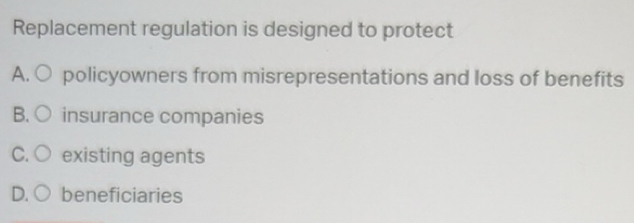 Solved: Replacement regulation is designed to protect A. policyowners ...