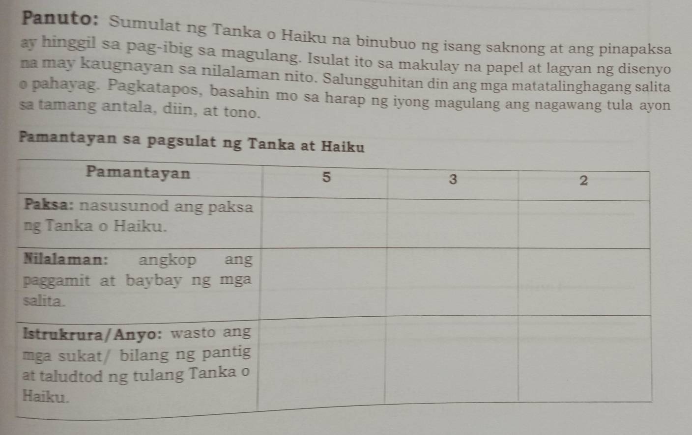 Panuto: Sumulat ng Tanka o Haiku na binubuo ng isang saknong at ang pinapaksa 
ay hinggil sa pag-ibig sa magulang. Isulat ito sa makulay na papel at lagyan ng disenyo 
na may kaugnayan sa nilalaman nito. Salungguhitan din ang mga matatalinghagang salita 
o pahayag. Pagkatapos, basahin mo sa harap ng iyong magulang ang nagawang tula ayon 
sa tamang antala, diin, at tono. 
Pamantayan sa pagsulat ng Tanka at Haiku