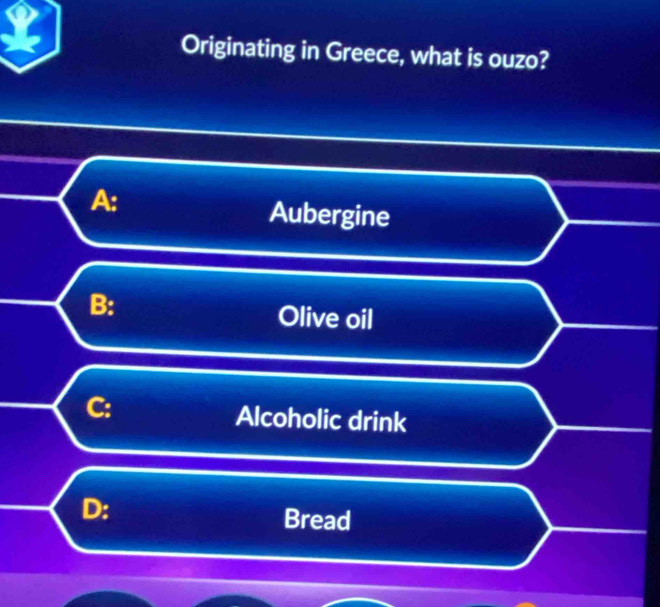 Originating in Greece, what is ouzo?
A:
Aubergine
B:
Olive oil
C: Alcoholic drink
D:
Bread