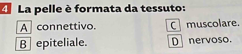 La pelle è formata da tessuto:
A connettivo. C muscolare.
B epiteliale. D nervoso.