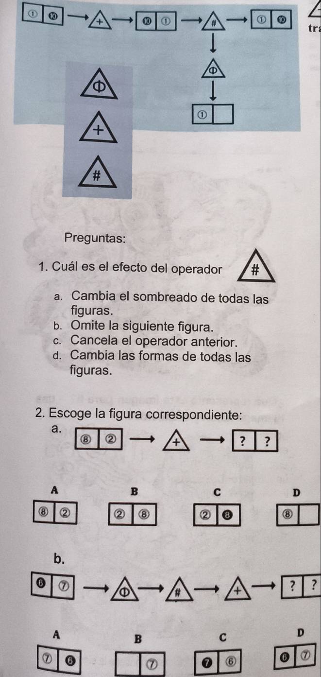 ① ⑩
+ ⑩ ① # ① ⑩
tr
①
①
+
#
Preguntas:
1. Cuál es el efecto del operador #
a. Cambia el sombreado de todas las
figuras.
b. Omite la siguiente figura.
c. Cancela el operador anterior.
d. Cambia las formas de todas las
figuras.
2. Escoge la figura correspondiente:
a.
⑧ ②
+
? ?
A
B
C
D
⑧ ② ② ⑧ ② ⑧ ⑧
b.
⑥ ⑦ ① # + ? ?
A
B
C
D
⑦ ⑥
⑦ 1 ⑥
⑦