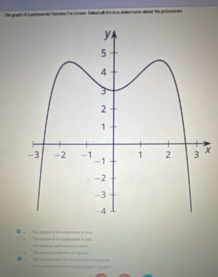 The graph of a polyscimial function f is shown. Select all the true staternants about the polynomisl,
x
The degree of the polynomial is even
The degrire of the polynomial is odd
The leading coefficient is positive.
6 The leading coefficent is negative. The constant term of te polynornial is positive
The consient term of the polynomial is negative