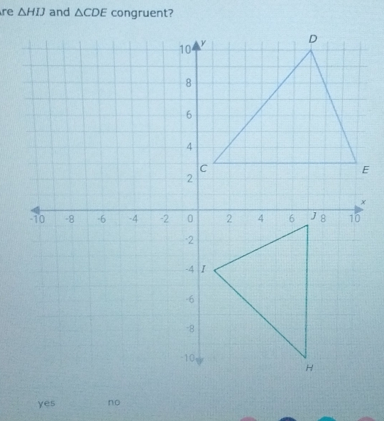 re △ HIJ and △ CDE congruent?
yes no