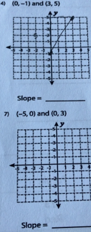 (0,-1) and (3,5)
5 
Slope =_ 
7 (-5,0) and (0,3)
4 
Slope =_