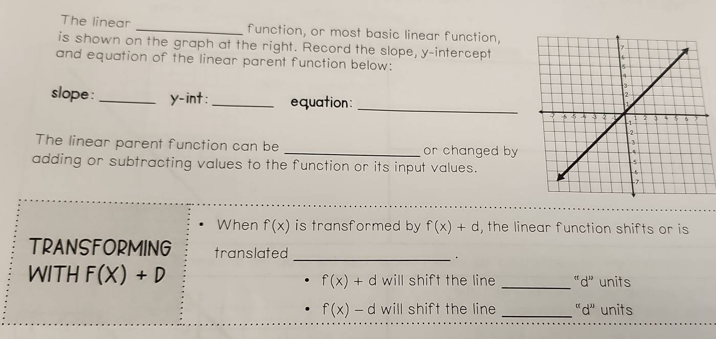 The linear _function, or most basic linear function, 
is shown on the graph at the right. Record the slope, y-intercept 
and equation of the linear parent function below: 
_ 
slope : _ y -int :_ equation: 
The linear parent function can be _or changed by 
adding or subtracting values to the function or its input values. 
When f(x) is transformed by f(x)+d , the linear function shifts or is 
TRANSFORMING translated_ 
. 
WITH F(X)+D will shift the line _ ''d'' units
f(x)+d
f(x)-d will shift the line _ ''d'' units