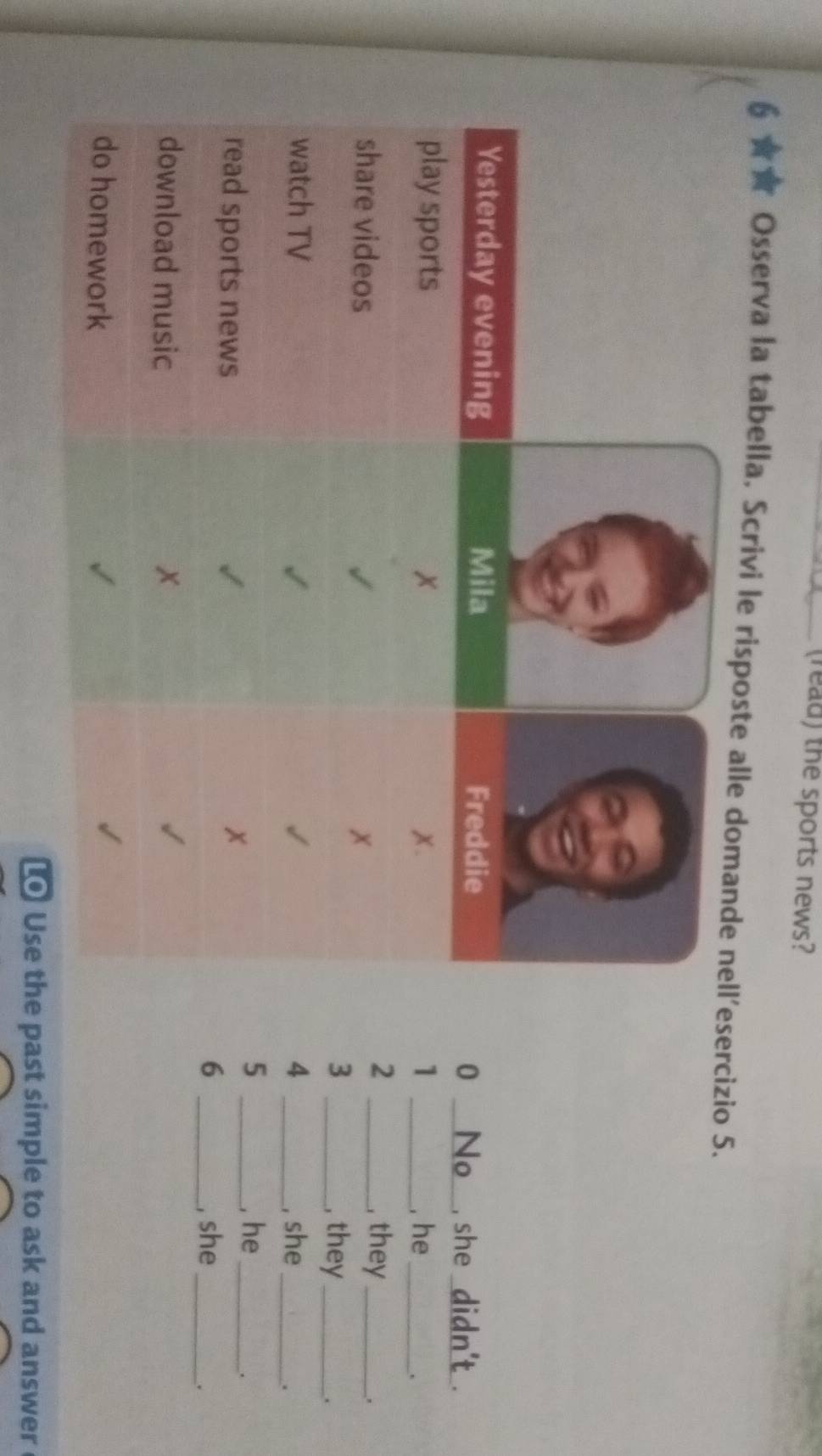 (read) the sports news? 
6 ★★ Osserva la tabella, Scrivi le risposte alle ’esercizio 5. 
0 _, she_ 
. 
1 _, he_ 
2 _, they _. 
3 _, they _. 
4 _, she_ 
. 
5 _, he_ 
. 
6 _, she_ 
. 
Use the past simple to ask and answer