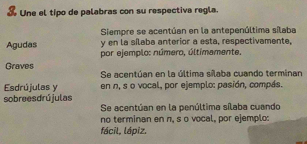 Une el tipo de palabras con su respectiva regla.
Siempre se acentúan en la antepenúltima sílaba
Agudas y en la sílaba anterior a esta, respectivamente,
por ejemplo: número, últimamente.
Graves
Se acentúan en la última sílaba cuando terminan
Esdrújulas y en n, s o vocal, por ejemplo: pasión, compás.
sobreesdrújulas
Se acentúan en la penúltima sílaba cuando
no terminan en n, s o vocal, por ejemplo:
fácil, lápiz.