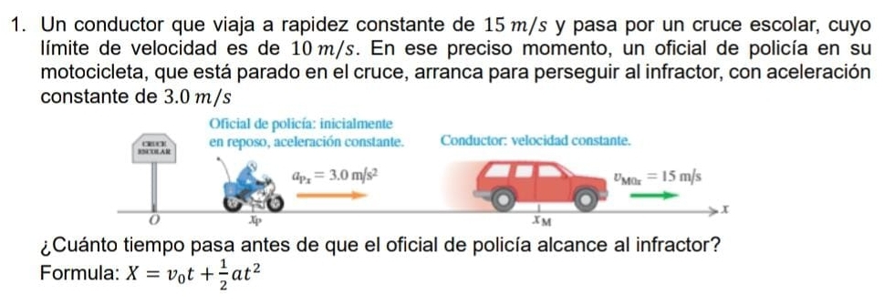 Un conductor que viaja a rapidez constante de 15 m/s y pasa por un cruce escolar, cuyo
límite de velocidad es de 10m/s. En ese preciso momento, un oficial de policía en su
motocicleta, que está parado en el cruce, arranca para perseguir al infractor, con aceleración
constante de 3.0 m/s
¿Cuánto tiempo pasa antes de que el oficial de policía alcance al infractor?
Formula: X=v_0t+ 1/2 at^2