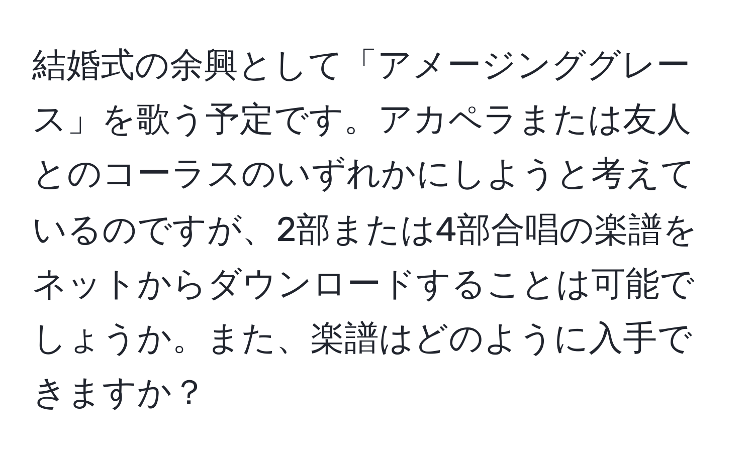 結婚式の余興として「アメージンググレース」を歌う予定です。アカペラまたは友人とのコーラスのいずれかにしようと考えているのですが、2部または4部合唱の楽譜をネットからダウンロードすることは可能でしょうか。また、楽譜はどのように入手できますか？