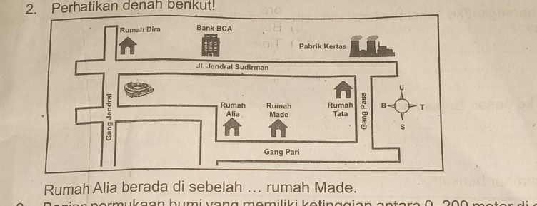 Perhatikan denah berikut! 
Rumah Alia berada di sebelah ... rumah Made. 
k e o n bumi von g momiliki ketin ggien entere 0 2 0