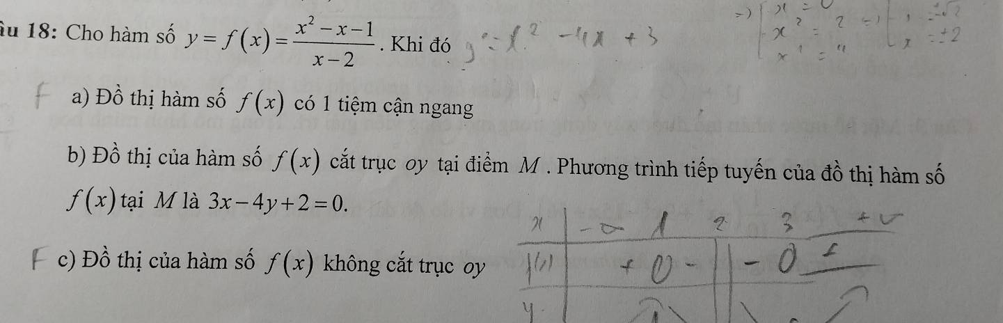 âu 18: Cho hàm số y=f(x)= (x^2-x-1)/x-2 . Khi đó 
a) Đồ thị hàm số f(x) có 1 tiệm cận ngang 
b) Dhat o thị của hàm số f(x) cất trục oy tại điểm M. Phương trình tiếp tuyến của đồ thị hàm số
f(x) tại M là 3x-4y+2=0. 
c) Đồ thị của hàm số f(x) không cắt trục oy