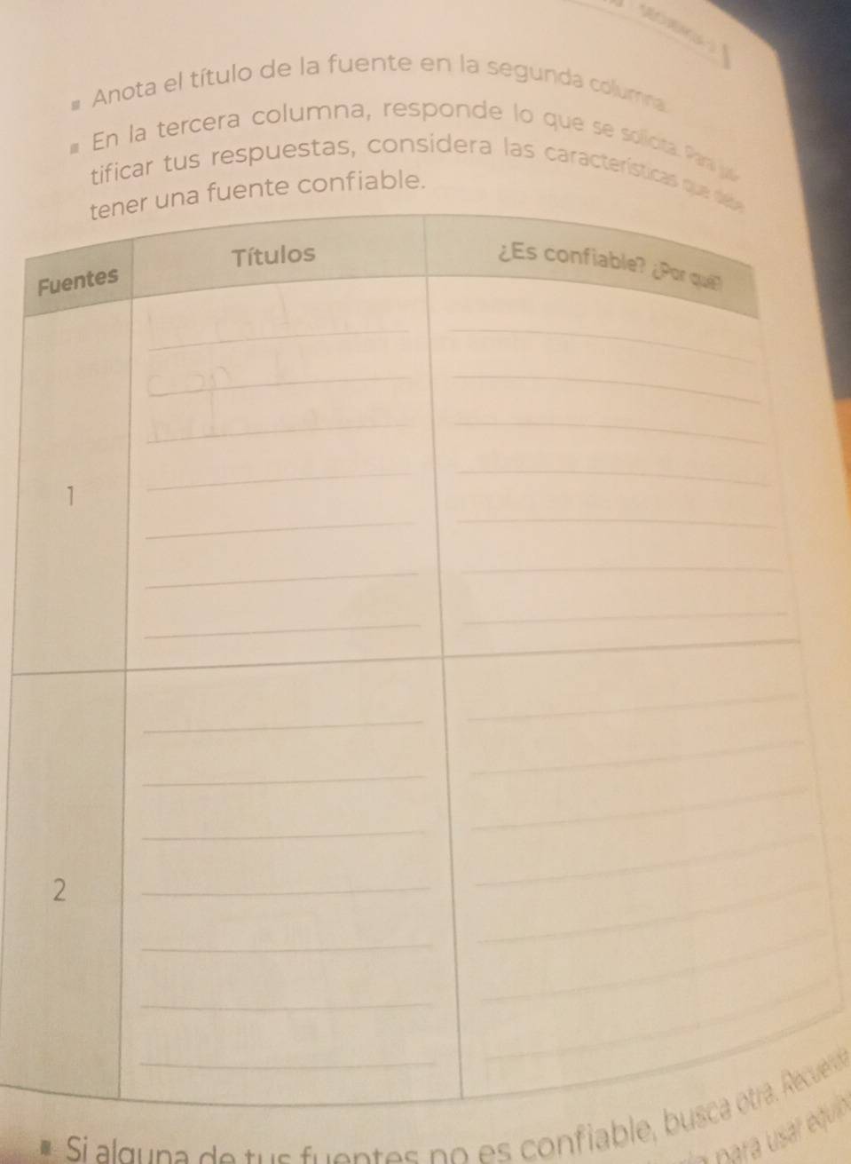 Anota el título de la fuente en la segunda columa 
En la tercera columna, responde lo que se slicita Para p 
tificar tus respuestas, considera las característica 
F 
Si alguna de tu s fuentes no es confiable, buscuena