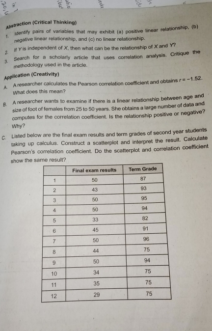 Abstraction (Critical Thinking) 
Identify pairs of variables that may exhibit (a) positive linear relationship, (b) 
negative linear relationship, and (c) no linear relationship. 
If Y is independent of X, then what can be the relationship of X and Y? 
3. Search for a scholarly article that uses correlation analysis. Critique the 
methodology used in the article. 
Application (Creativity) 
A A researcher calculates the Pearson correlation coefficient and obtains r=-1.52. 
What does this mean? 
B. A researcher wants to examine if there is a linear relationship between age and 
size of foot of females from 25 to 50 years. She obtains a large number of data and 
computes for the correlation coefficient. Is the relationship positive or negative? 
Why? 
C. Listed below are the final exam results and term grades of second year students 
taking up calculus. Construct a scatterplot and interpret the result, Calculate 
Pearson's correlation coefficient. Do the scatterplot and correlation coefficient 
show the