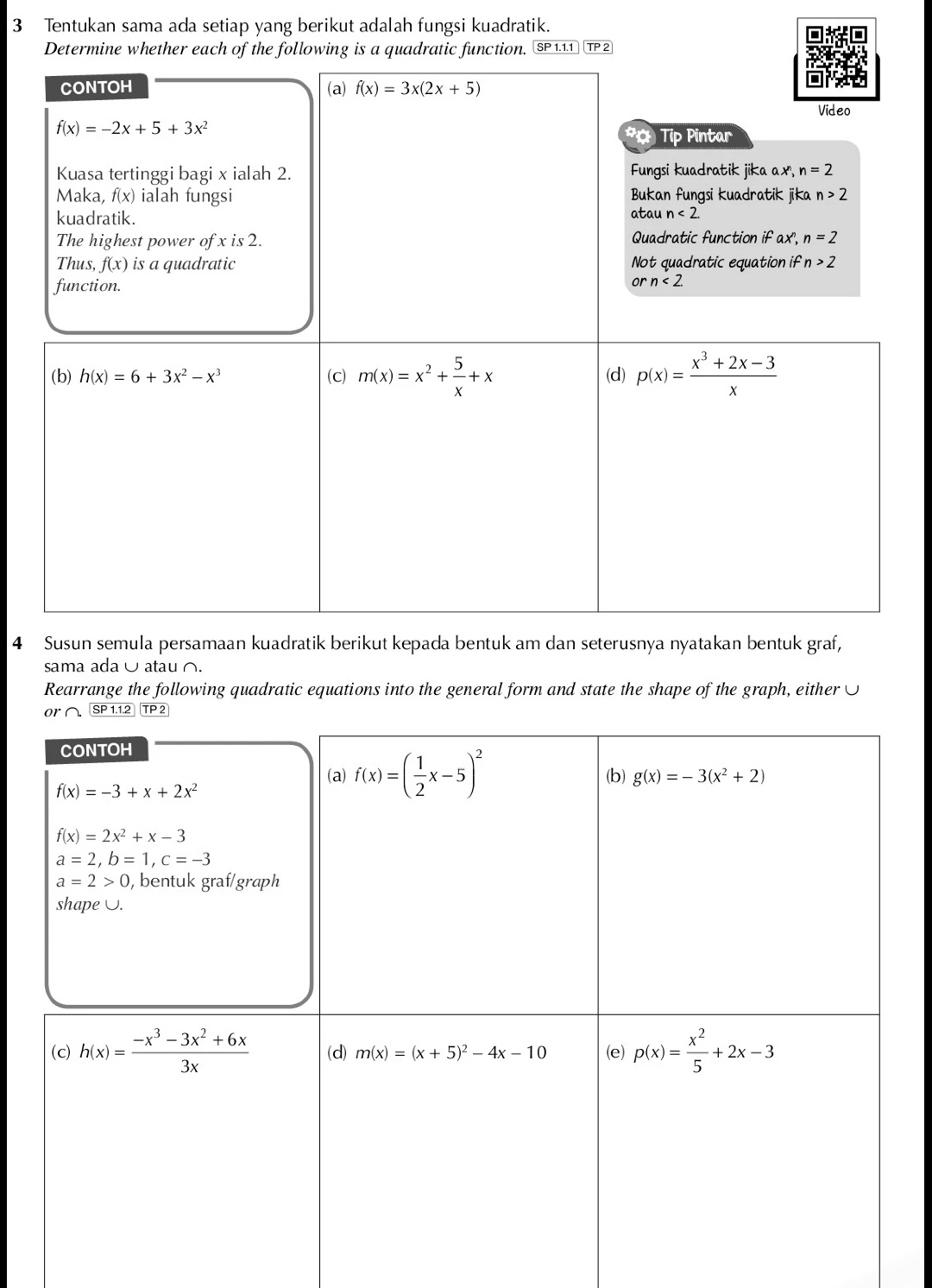 Tentukan sama ada setiap yang berikut adalah fungsi kuadratik.
Determine whether each of the following is a quadratic function. SP1.1.1 TP
CONTOH (a) f(x)=3x(2x+5)
Video
f(x)=-2x+5+3x^2
* Tip Pintar
Kuasa tertinggi bagi x ialah 2. Fungsi kuadratik jika ax, n=2
Maka, f(x) ialah fungsi Bukan fungsi kuadratik jika n>2
kuadratik. atau n<2</tex>
The highest power of x is 2. Quadratic function if ax", n=2
Thus, f(x) is a quadratic Not quadratic equation if n>2
function.
or n<2</tex>
(b) h(x)=6+3x^2-x^3 (C) m(x)=x^2+ 5/x +x (d) p(x)= (x^3+2x-3)/x 
4 Susun semula persamaan kuadratik berikut kepada bentuk am dan seterusnya nyatakan bentuk graf,
sama ada ∪ atau ∩.
Rearrange the following quadratic equations into the general form and state the shape of the graph, either ∪