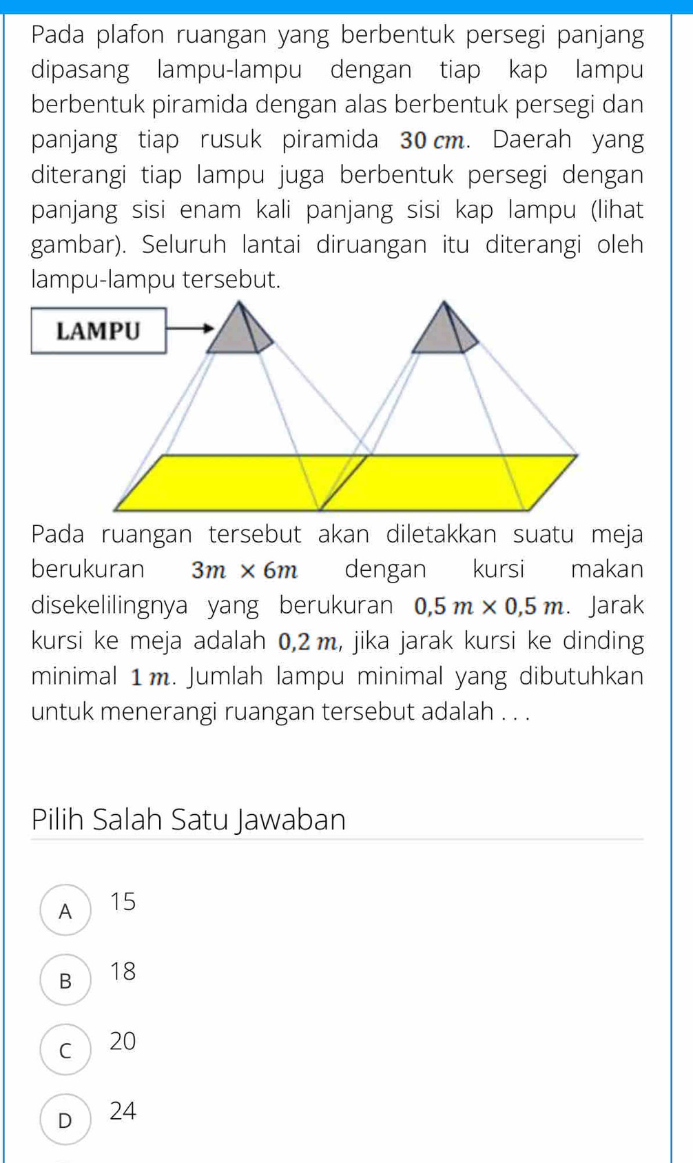 Pada plafon ruangan yang berbentuk persegi panjang
dipasang lampu-lampu dengan tiap kap lampu
berbentuk piramida dengan alas berbentuk persegi dan
panjang tiap rusuk piramida 30 cm. Daerah yang
diterangi tiap lampu juga berbentuk persegi dengan
panjang sisi enam kali panjang sisi kap lampu (lihat
gambar). Seluruh lantai diruangan itu diterangi oleh
Pada ruangan tersebut akan diletakkan suatu meja
berukuran 3m* 6m dengan kursi makan
disekelilingnya yang berukuran 0,5m* 0,5m. Jarak
kursi ke meja adalah 0,2m, jika jarak kursi ke dinding
minimal 1m. Jumlah lampu minimal yang dibutuhkan
untuk menerangi ruangan tersebut adalah . . .
Pilih Salah Satu Jawaban
A  15
B 19
c  20
D 24