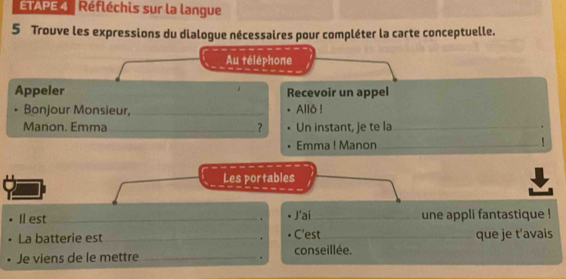 TAPE 4 | Réfléchis sur la langue 
5 Trouve les expressions du dialogue nécessaires pour compléter la carte conceptuelle. 
Au téléphone 
Appeler Recevoir un appel 
Bonjour Monsieur, _Allô ! 
Manon. Emma _? Un instant, je te la_ 
Emma ! Manon__ 
Les portables 
Il est _. J'ai_ une appli fantastique ! 
La batterie est_ . C'est_ que je t’avais 
Je viens de le mettre_ 
. conseillée.