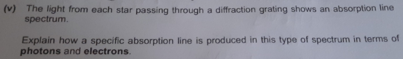 The light from each star passing through a diffraction grating shows an absorption line 
spectrum. 
Explain how a specific absorption line is produced in this type of spectrum in terms of 
photons and electrons.