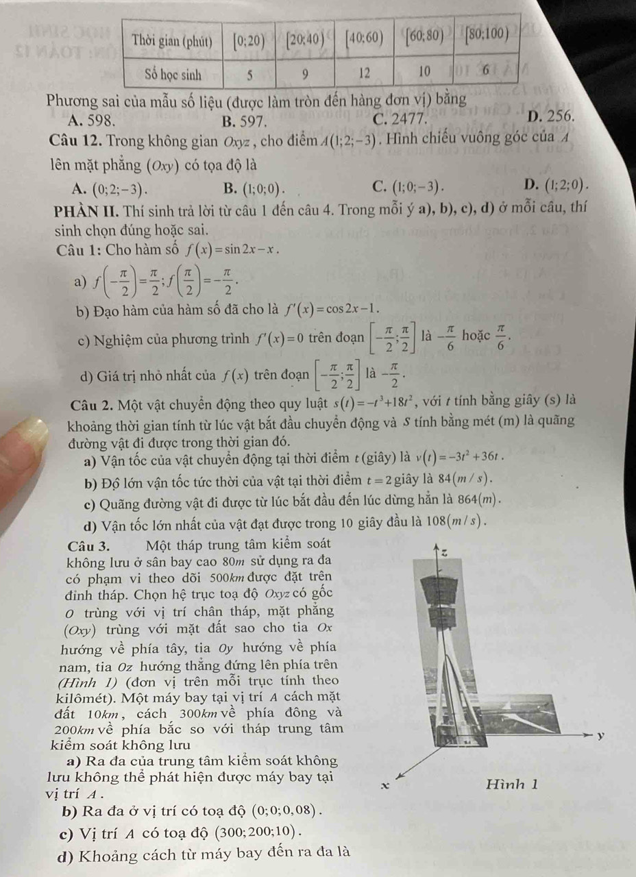 Phương sai của mẫu số liệu (được làm tròn đến hàng đơn vị) bằng
A. 598. B. 597. C. 2477. D. 256.
Câu 12. Trong không gian Oxyz , cho điểm A(1;2;-3). Hình chiếu vuông góc của 
lên mặt phẳng (Oxy) có tọa độ là
D.
A. (0;2;-3). B. (1;0;0). C. (1;0;-3). (1;2;0).
PHÀN II. Thí sinh trả lời từ câu 1 đến câu 4. Trong mỗi ý a), b), c), d) ở mỗi câu, thí
sinh chọn đúng hoặc sai.
Câu 1: Cho hàm số f(x)=sin 2x-x.
a) f(- π /2 )= π /2 ;f( π /2 )=- π /2 .
b) Đạo hàm của hàm số đã cho là f'(x)=cos 2x-1.
c) Nghiệm của phương trình f'(x)=0 trên đoạn [- π /2 ; π /2 ] là - π /6  hoặc  π /6 .
d) Giá trị nhỏ nhất của f(x) trên đoạn [- π /2 ; π /2 ] là - π /2 .
Câu 2. Một vật chuyển động theo quy luật s(t)=-t^3+18t^2 , với t tính bằng giây (s) là
khoảng thời gian tính từ lúc vật bắt đầu chuyển động và S tính bằng mét (m) là quãng
đường vật đi được trong thời gian đó.
a) Vận tốc của vật chuyển động tại thời điểm t (giây) là v(t)=-3t^2+36t.
b) Độ lớn vận tốc tức thời của vật tại thời điểm t=2 giây là 84(m/s).
c) Quãng đường vật đi được từ lúc bắt đầu đến lúc dừng hẳn là 864(m).
d) Vận tốc lớn nhất của vật đạt được trong 10 giây đầu là 108(m/s).
Câu 3. Một tháp trung tâm kiểm soát
không lưu ở sân bay cao 80m sử dụng ra đa
có phạm vi theo dõi 500km được đặt trên
đinh tháp. Chọn hệ trục toạ độ Oxyz có gốc
0 trùng với vị trí chân tháp, mặt phắng
(Oxy) trùng với mặt đất sao cho tia Ox
hướng về phía tây, tia Oy hướng V ề phía
nam, tia Oz hướng thắng đứng lên phía trên
(Hình 1) (đơn vị trên mỗi trục tính theo
kilômét). Một máy bay tại vị trí A cách mặt
đất 10km, cách 300kmvề phía đông và
200km về phía bắc so với tháp trung tâm
kiểm soát không lưu
a) Ra đa của trung tâm kiểm soát không
lưu không thể phát hiện được máy bay tại 
vị trí A .
b) Ra đa ở vị trí có toạ độ (0;0;0,08).
c) Vị trí A có toạ độ (300 200;10).
d) Khoảng cách từ máy bay đến ra đa là