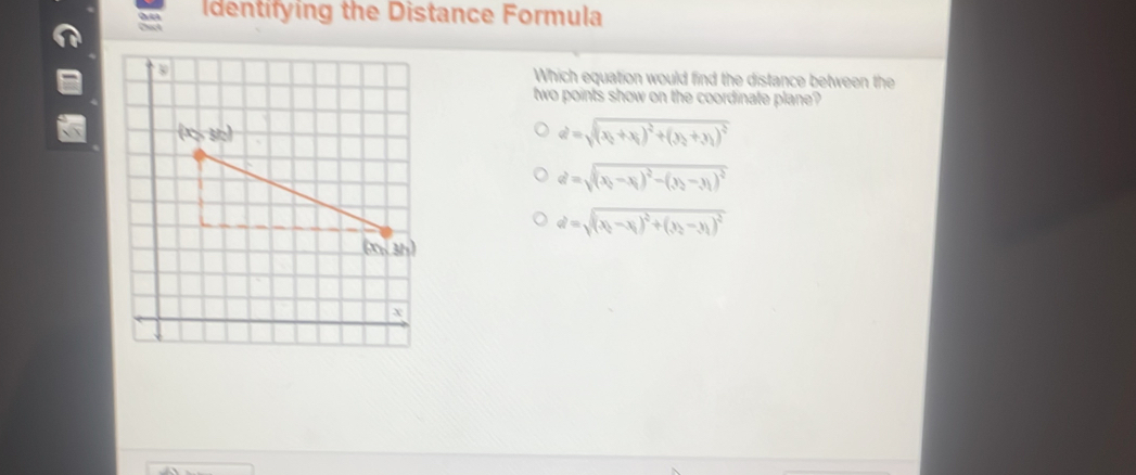 à e Identifying the Distance Formula
Cuct
Which equation would find the distance between the
two points show on the coordinate plane?
d=sqrt((x_2)+x_1)^2+(y_2+y_1)^2
sigma =sqrt((x_b)-x_i)^2-(x_b-y_1)^2
d=sqrt((x_1)-x_1)^2+(y_2-y_1)^2