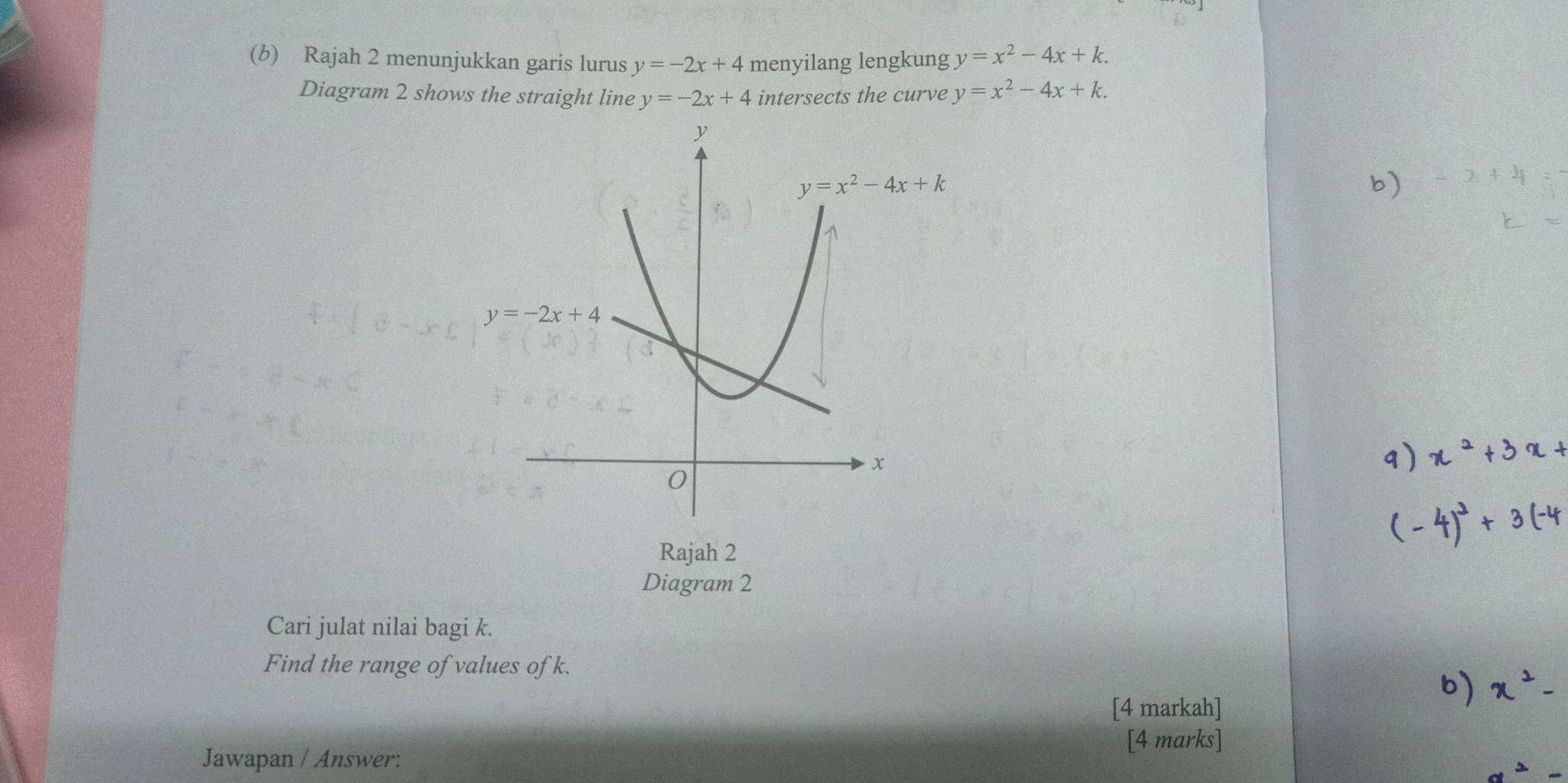 Rajah 2 menunjukkan garis lurus y=-2x+4 menyilang lengkung y=x^2-4x+k.
Diagram 2 shows the straight line y=-2x+4 intersects the curve y=x^2-4x+k.
Rajah 2
Diagram 2
Cari julat nilai bagi k.
Find the range of values of k.
[4 markah]
[4 marks]
Jawapan / Answer: