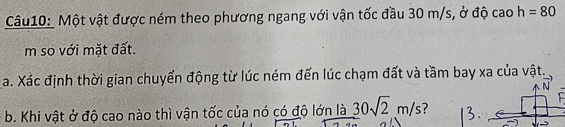 Một vật được ném theo phương ngang với vận tốc đầu 30 m/s, ở độ cao h=80
m so với mặt đất. 
a. Xác định thời gian chuyển động từ lúc ném đến lúc chạm đất và tầm bay xa của vật.
vector N
b. Khi vật ở độ cao nào thì vận tốc của nó có độ lớn là 30sqrt(2)m/s 7