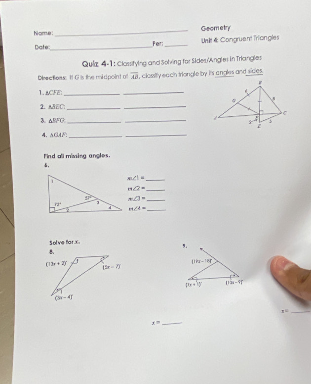 Solved: Name: _Geometry Date:_ Per:_ Unit 4: Congruent Triangles Quiz 4 ...