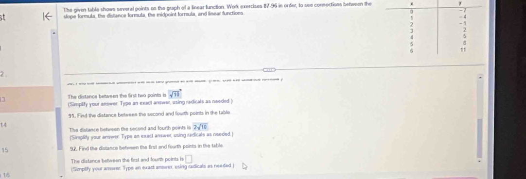 The given table shows several points on the graph of a linear function. Work exercises 87-96 in order, to see connections between the x γ
st slope formula, the distance formula, the midpoint formula, and linear functions 
2 
j e . u j 
3 
The distance between the first two points is sqrt(10)
(Simplify your answer Type an exact answer, using radicals as needed.) 
91. Find the distance between the second and fourth points in the table 
14 
The distance between the second and fourth points is 2sqrt(10)
(Simplify your answer: Type an exact answer, using radicals as needed.) 
15 92. Find the distance between the first and fourth points in the table 
The distance between the first and fourth points is □
(Simplify your answer: Type an exact answer, using radicals as needed ) 
16