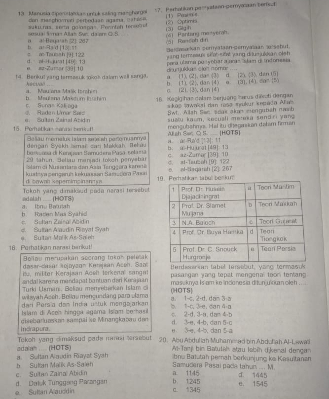 Manusia diperintahkan untuk saling menghargai 17. Perhatikan pemyataan-pemyataan berikut!
(1) Pesimis
dan menghormati perbedaan agama, bahasa.
(2) Optimis
suku,ras, serta golongan. Perintah tersebut
(3) Gigih.
sesuai firman Allah Swt. dalam Q.S. ..
(4) Pantang menyerah.
a. al-Baqarah [2]: 267
(5) Rendah din
b. ar-Ra'd [13]:11
c. at-Taubah [9]:122 Berdasarkan pernyataan-pernyataan tersebut.
d. al-Hujurat [49]: 13 yang termasuk sifat-sifat yang ditunjukkan oleh
e. az-Zumar [39]:10 para ulama penyebar ajaran Islam di Indonesia
ditunjukkan oleh nomor
14. Berikut yang termasuk tokoh dalam wali sanga. a. (1), (2), dan (3) d. (2), (3), dan (5)
kecuali …
b. (1), (2), dan (4) e. (3), (4), dan (5)
a. Maulana Malik Ibrahim c. (2). (3), dan (4)
b. Maulana Makdum Ibrahim 18. Kegigihan dalam berjuang harus diikuti dengan
c. Sunan Kalijaga sikap tawakal dan rasa syukur kepada Allah
d. Raden Umar Said Swt.. Allah Swt, tidak akan mengubah nasib
e. Sultan Zainal Abidin suatu kaum, kecuali mereka sendiri yang
15. Perhatikan narasi berikut! mengubahnya. Hal itu ditegaskan dalam firman
Beliau memeluk Isiam setelah pertemuannya Allah Swt. Q.S. .... (HOTS)
dengan Syekh Ismail dari Makkah. Beliau a. ar-Ra'd [13]: 11
berkuasa di Kerajaan Samudera Pasai selama b. al-Hujurat [49]: 13
29 tahun. Beliau menjadi tokoh penyebar c. az-Zumar [39]: 10
Islam di Nusantara dan Asia Tenggara karena d. at-Taubah [9]: 122
kuatnya pengaruh kekuasaan Samudera Pasai e. al-Baqarah [2]: 267
di bawah kepemimpinannya. 19. Perhatikan tabel berikut!
Tokoh yang dimaksud pada narasi tersebut
adalah .... (HOTS) 
a. Ibnu Batutah
b. Raden Mas Syahid
c. Sultan Zainal Abidin
d. Sultan Alaudin Riayat Syah
e. Sultan Malik As-Saleh 
16. Perhatikan narasi berikut! 
Beliau merupakan seorang tokoh peletak
dasar-dasar kejayaan Kerajaan Aceh. Saat Berdasarkan tabel tersebut, yang termasuk
itu, militer Kerajaan Aceh terkenal sangat pasangan yang tepat mengenai teori tentang
andal karena mendapat bantuan dari Kerajaan masuknya Islam ke Indonesia ditunjukkan oleh . . ..
Turki Usmani. Beliau menyebarkan Islam di (HOTS)
wilayah Aceh. Beliau mengundang para ulama a. 1-c, 2-d, dan 3-a
dari Persia dan India untuk mengajarkan b. 1-c, 3-e, dan 4-a
Islam di Aceh hingga agama Islam berhasil c. 2-d, 3-a, dan 4-b
disebarluaskan sampai ke Minangkabau dan d. 3-e, 4-b, dan 5-c
Indrapura. e. 3-e, 4-b, dan 5-a
Tokoh yang dimaksud pada narasi tersebut 20. Abu Abdullah Muhammad bin Abdullah Al-Lawati
adalah .... (HOTS) At-Tanji bin Batutah atau lebih dịkenal dengan
a. Sultan Alaudin Riayat Syah Ibnu Batutah pernah berkunjung ke Kesultanan
b. Sultan Malik As-Saleh Samudera Pasai pada tahun ... M.
c. Sultan Zainal Abidin a. 1145 d. 1445
d. Datuk Tunggang Parangan b. 1245 e. 1545
e. Sultan Alauddin c. 1345