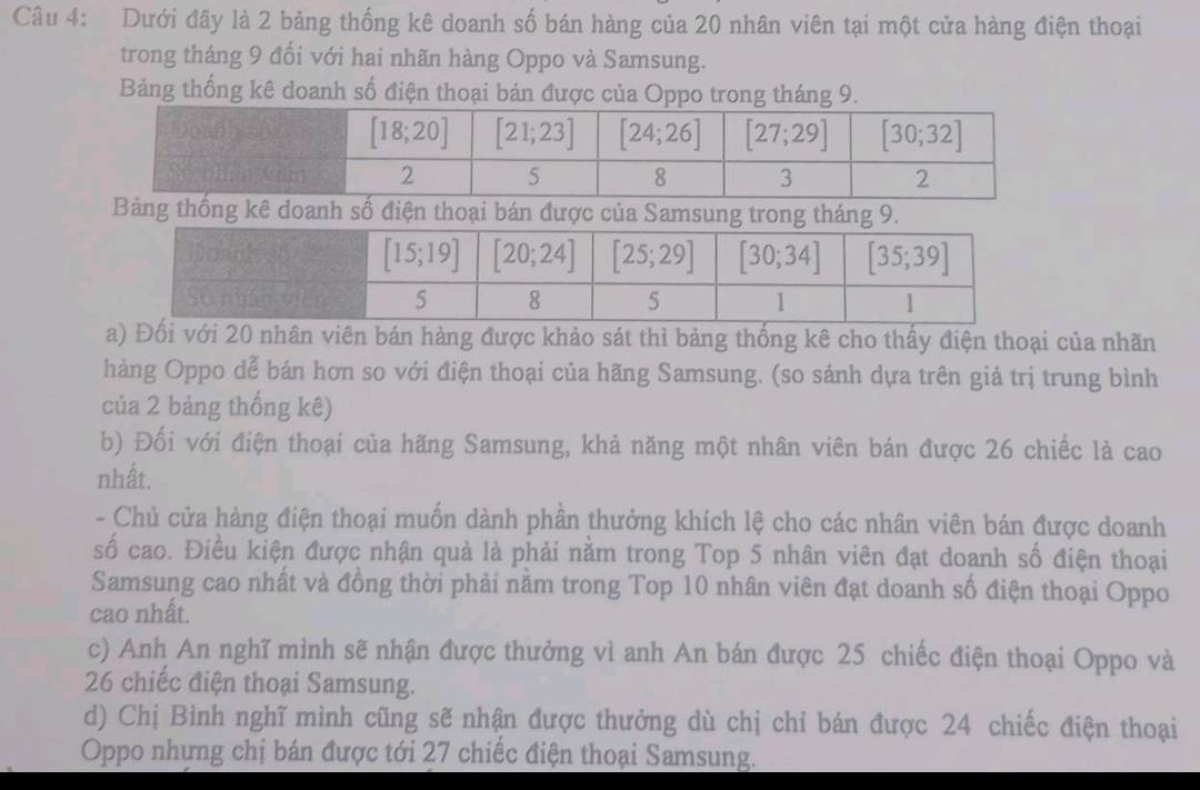 Dưới đây là 2 bảng thống kê doanh số bán hàng của 20 nhân viên tại một cửa hàng điện thoại
trong tháng 9 đối với hai nhãn hàng Oppo và Samsung.
Bảng thống kê doanh số điện thoại bản được của Oppo trong tháng 9.
Bảng thống kê doanh số điện thoại bán được của Samsung trong tháng 9.
i 20 nhân viên bán hàng được khảo sát thì bảng thống kê cho thấy điện thoại của nhãn
hàng Oppo dể bán hơn so với điện thoại của hãng Samsung. (so sánh dựa trên giá trị trung bình
của 2 bảng thống kê)
b) Đối với điện thoại của hãng Samsung, khả năng một nhân viên bán được 26 chiếc là cao
nhất.
- Chủ cửa hàng điện thoại muốn dành phân thưởng khích lệ cho các nhân viên bán được doanh
số cao. Điều kiện được nhận quả là phải nằm trong Top 5 nhân viên đạt doanh số điện thoại
Samsung cao nhất và đồng thời phải nằm trong Top 10 nhân viên đạt doanh số điện thoại Oppo
cao nhất.
c) Anh An nghĩ mình sẽ nhận được thưởng vì anh An bán được 25 chiếc điện thoại Oppo và
26 chiếc điện thoại Samsung.
d) Chị Bình nghĩ mình cũng sẽ nhận được thưởng dù chị chỉ bán được 24 chiếc điện thoại
Oppo nhưng chị bán được tới 27 chiếc điện thoại Samsung.