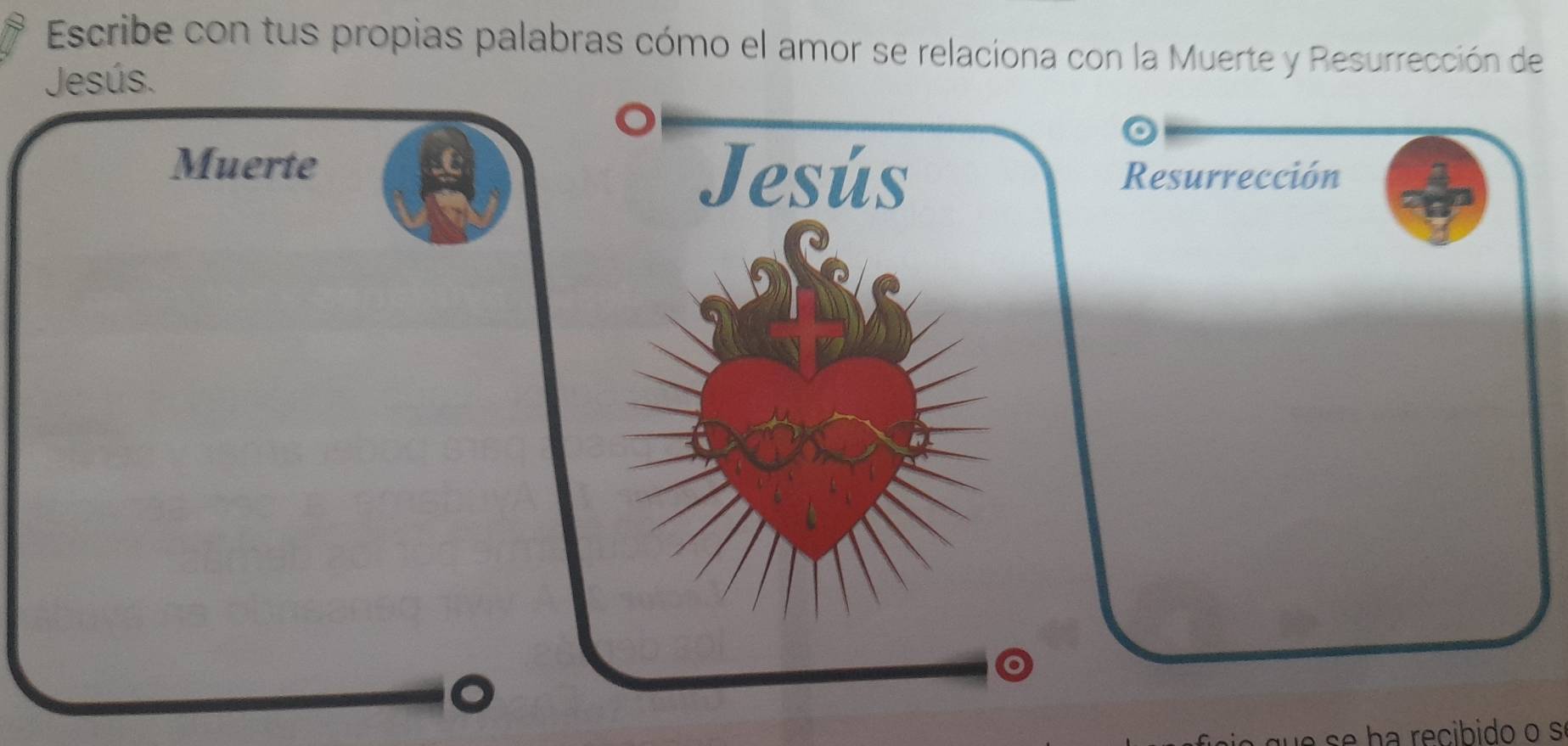 Escribe con tus propias palabras cómo el amor se relaciona con la Muerte y Resurrección de 
Jesús. 
Muerte Jesús Resurrección