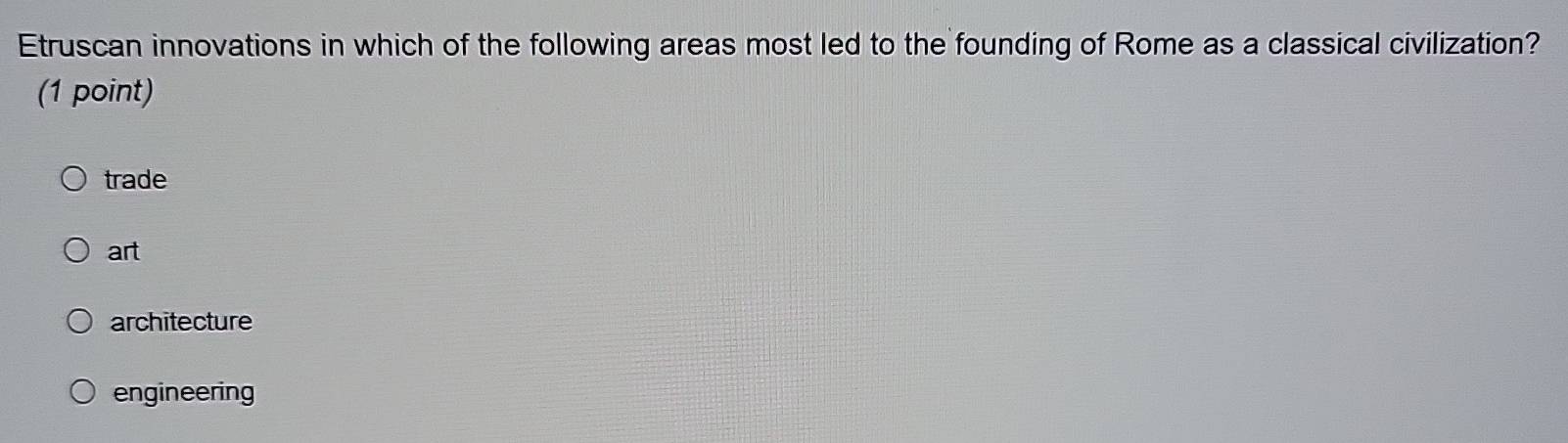 Etruscan innovations in which of the following areas most led to the founding of Rome as a classical civilization?
(1 point)
trade
art
architecture
engineering