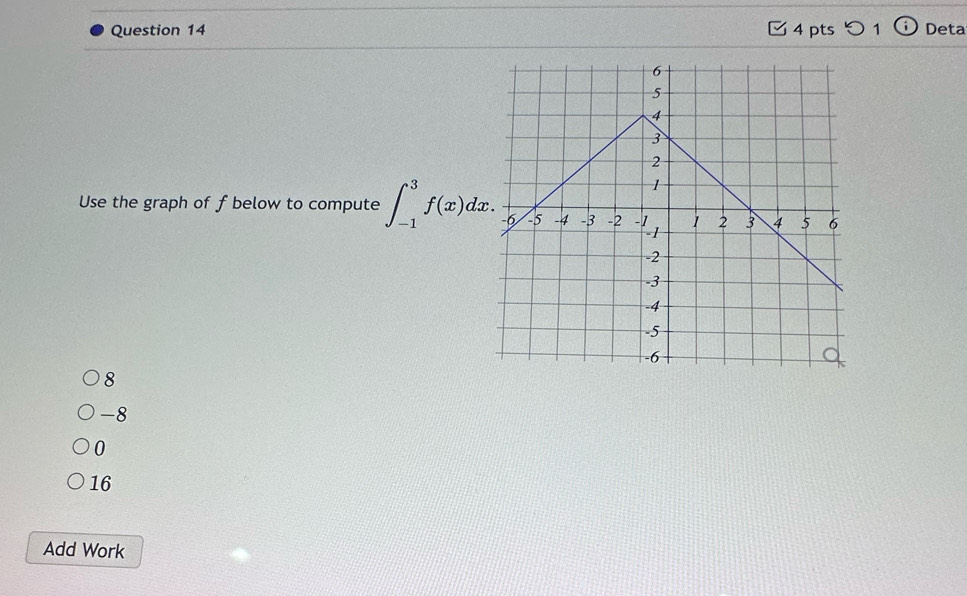 つ 1 Deta
Use the graph of f below to compute ∈t _(-1)^3f(x)dx.
8
-8
0
16
Add Work