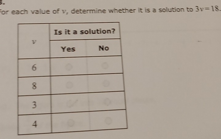 For each value of v, determine whether it is a solution to 3v=18.