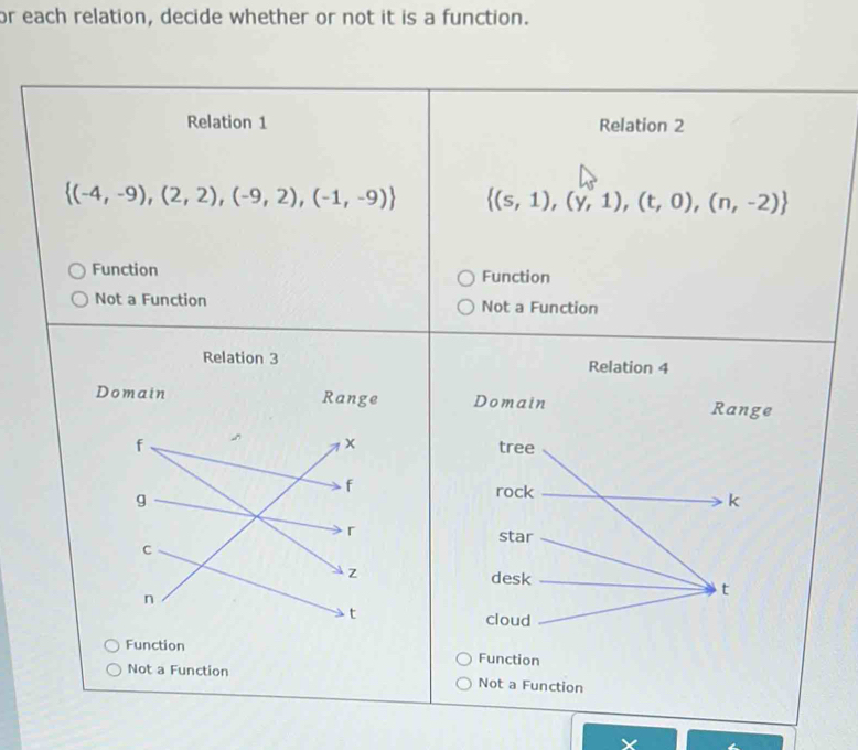 or each relation, decide whether or not it is a function.
Relation 1 Relation 2
 (-4,-9),(2,2),(-9,2),(-1,-9)  (s,1),(y,1),(t,0),(n,-2)
Function Function
Not a Function Not a Function

Not a Function Not a Function
X