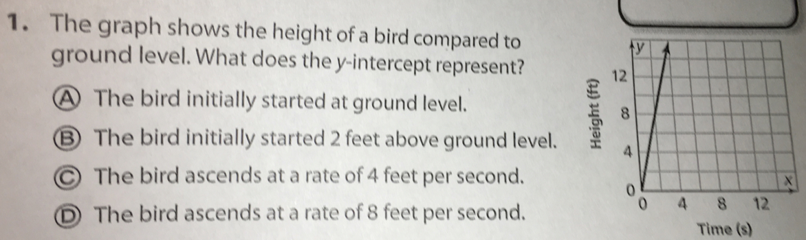 The graph shows the height of a bird compared to 
ground level. What does the y-intercept represent?
A The bird initially started at ground level.
B The bird initially started 2 feet above ground level.
C The bird ascends at a rate of 4 feet per second.
D The bird ascends at a rate of 8 feet per second.
Time (s)