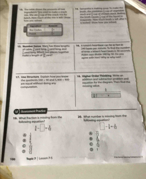 The table shows the amounts of twe 14. Samantha is making soup. To make the
iix. She ate Ingredents Tira used to make a snack beath, she combines  4 n of vegetable
1
kuh, bow much of the mis is left? Show cup of the snack mo for stock and β cup of chicken stock. Boding cup of the liquid to
the broth causes
how you solved. evaporate. How much broth is left after it 1
is boiled? Show how you solved.
15. Number Sense Mary has three lengths 16. A kitten's heartbeat can be as fast as
 3/6  yard long  5/4  240 beats per minute. To find the number
of cable. yard long. Which two pieces together yard long, and of times a kitten's heart beats in 30 seconds.
 3/3 
make a length of  20/24  yard ? Aiden says divide 240 by 30. Do you
agree with him? Why or why not?
17. Use Structure Explain how you know 18. Higher Order Thinking Write an
the quatients 540/ 90 and 5,400/ 900 addition and subtraction problem and
are equal without doing any equation for the diagram. Then find the
computation. missing value.
 1/4 
x
) Assessment Practice
19. What fraction is missing from the 20. What number is missing from the
following equation? following equation?
 5/6 -□ = 3/12 
□ - 3/4 = 2/12 
 1/3 
A  11/12 
 4/9 
 8/16 
 7/12 
 2/12 
 13/12 
100 Topic 7 | Lesson 7-5 @ by Sanoo Leaming Company LLC 5