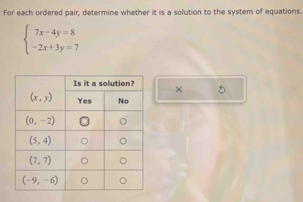 For each ordered pair, determine whether it is a solution to the system of equations.
beginarrayl 7x-4y=8 -2x+3y=7endarray.
×